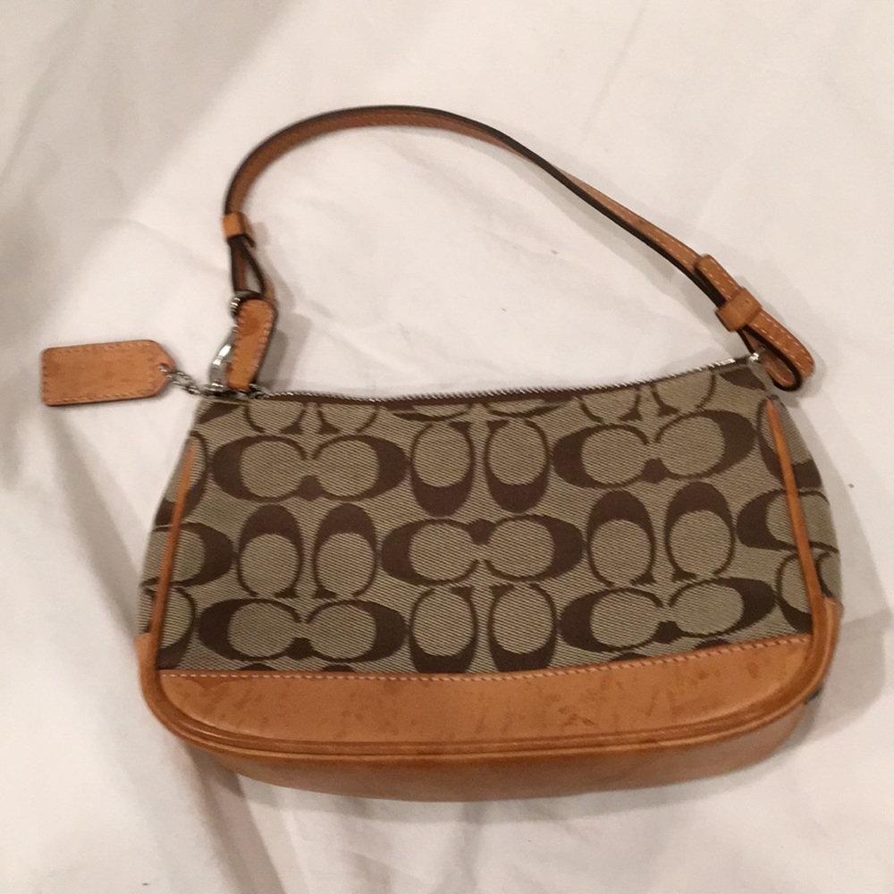 Coach vintage light brown jacquard with leather trim small handbag